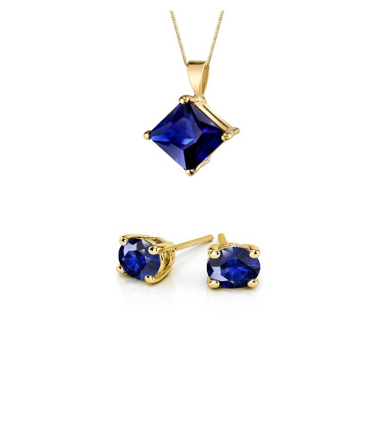 18K Yellow Gold 2ct Blue Sapphire Princess Cut 18 Inch Necklace and Round Earrings Set Plated