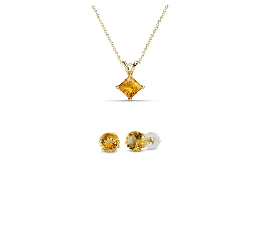18K Yellow Gold 4ct Citrine Princess Cut 18 Inch Necklace and Round Earrings Set Plated
