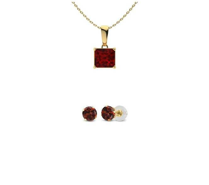 18K Yellow Gold 3ct Garnet Princess Cut 18 Inch Necklace and Round Earrings Set Plated