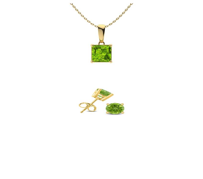 18K Yellow Gold 1/2ct Peridot Princess Cut 18 Inch Necklace and Round Earrings Set Plated