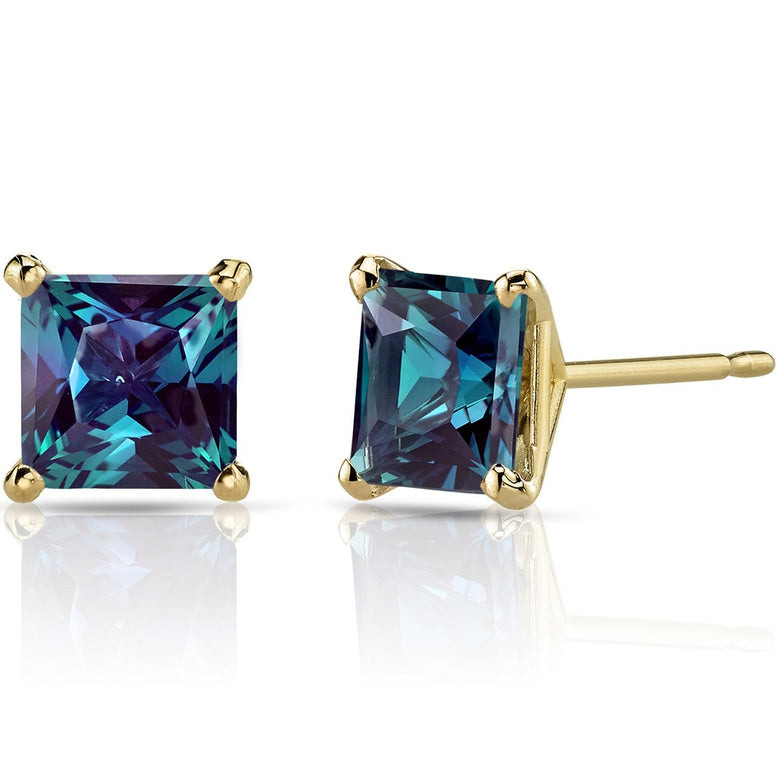24k Yellow Gold Plated 2 Cttw Created Alexandrite CZ Princess Cut Stud Earrings