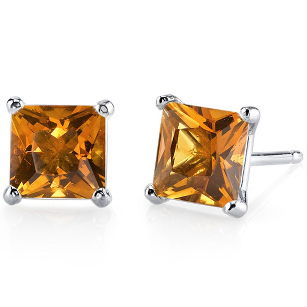24k White Gold Plated 2 Cttw Citrine Princess Cut Stud Earrings