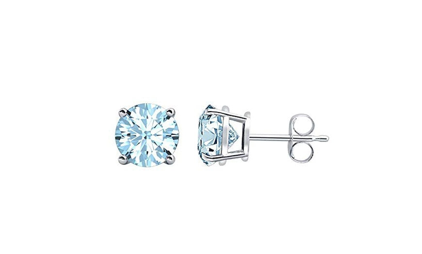 24k White Gold Plated 2 Cttw Created Aquamarine CZ Round Stud Earrings