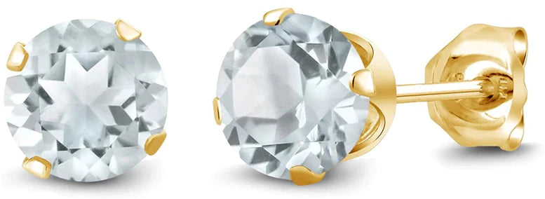 14k Yellow Gold Created Aquamarine Round Stud Earrings 4mm