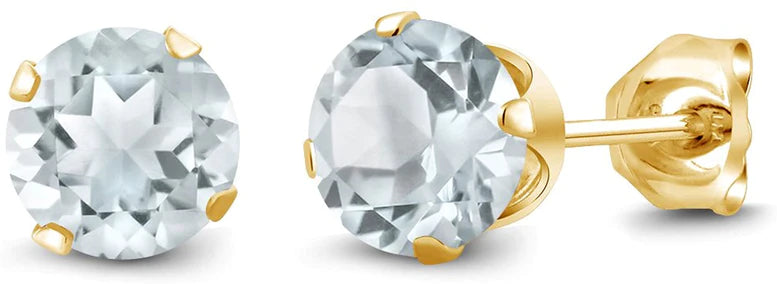 14k Yellow Gold Created Aquamarine Round Stud Earrings 3mm
