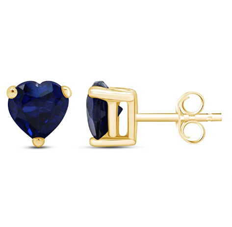 24k Yellow Gold Plated 2 Cttw Created Blue Sapphire CZ Heart Stud Earrings
