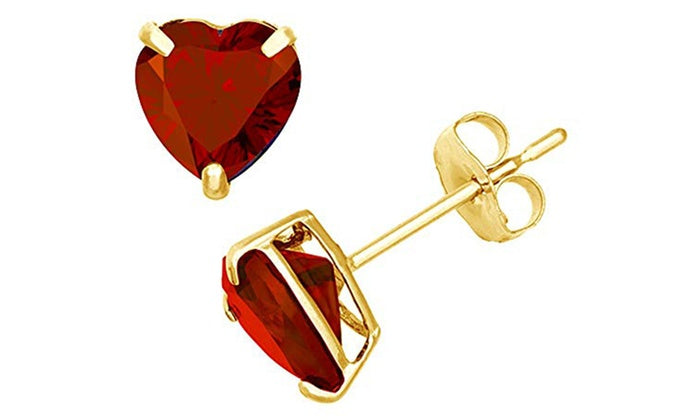 24k Yellow Gold Plated 2 Cttw Garnet Heart Stud Earrings