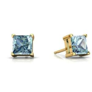 24k Yellow Gold Plated 2 Cttw Aquamarine Square Stud Earrings