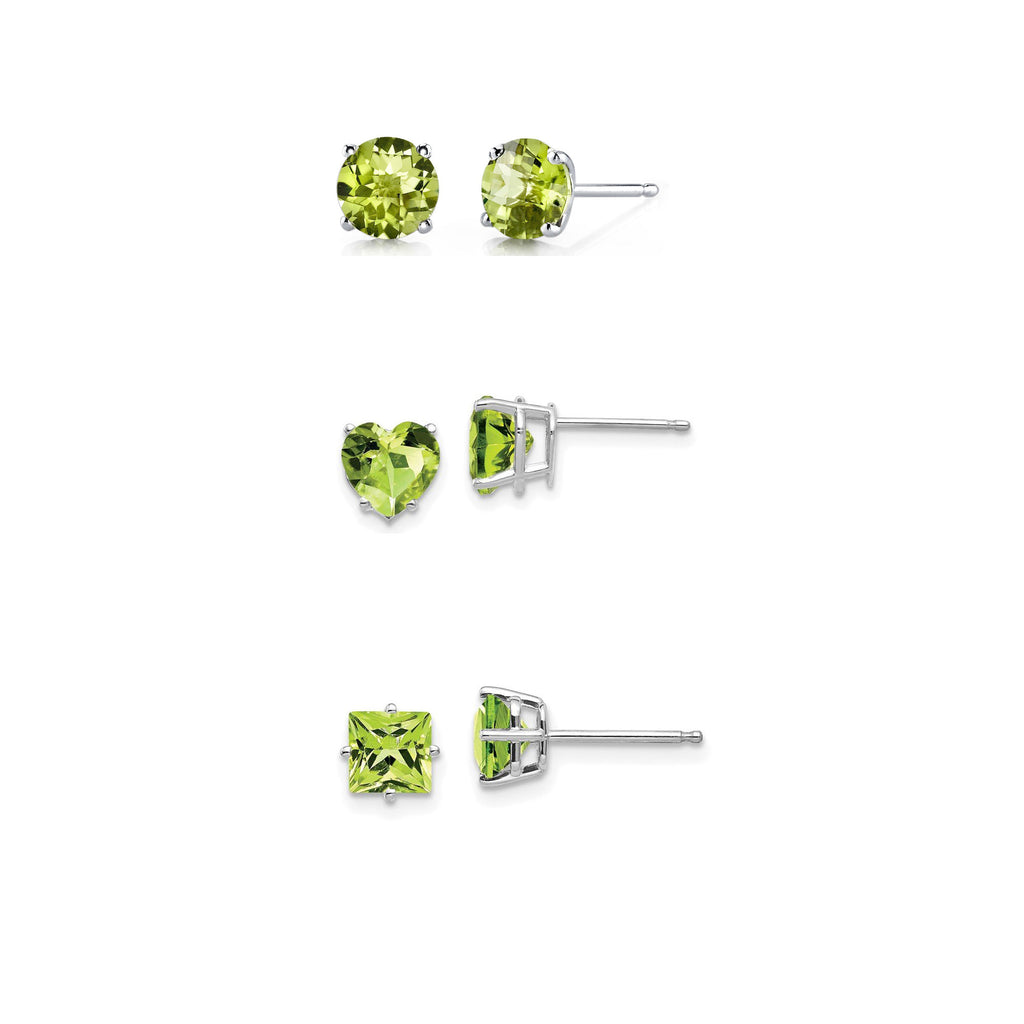 18k White Gold Plated 3Cttw 8mm Created Peridot 3 Pair Round, Square and Heart Stud Earrings