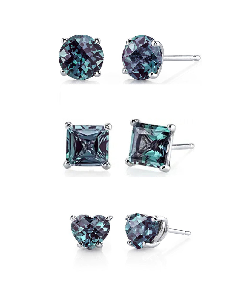18k White Gold Plated 1/4Cttw 4mm Created Alexandrite 3 Pair Round, Square and Heart Stud Earrings