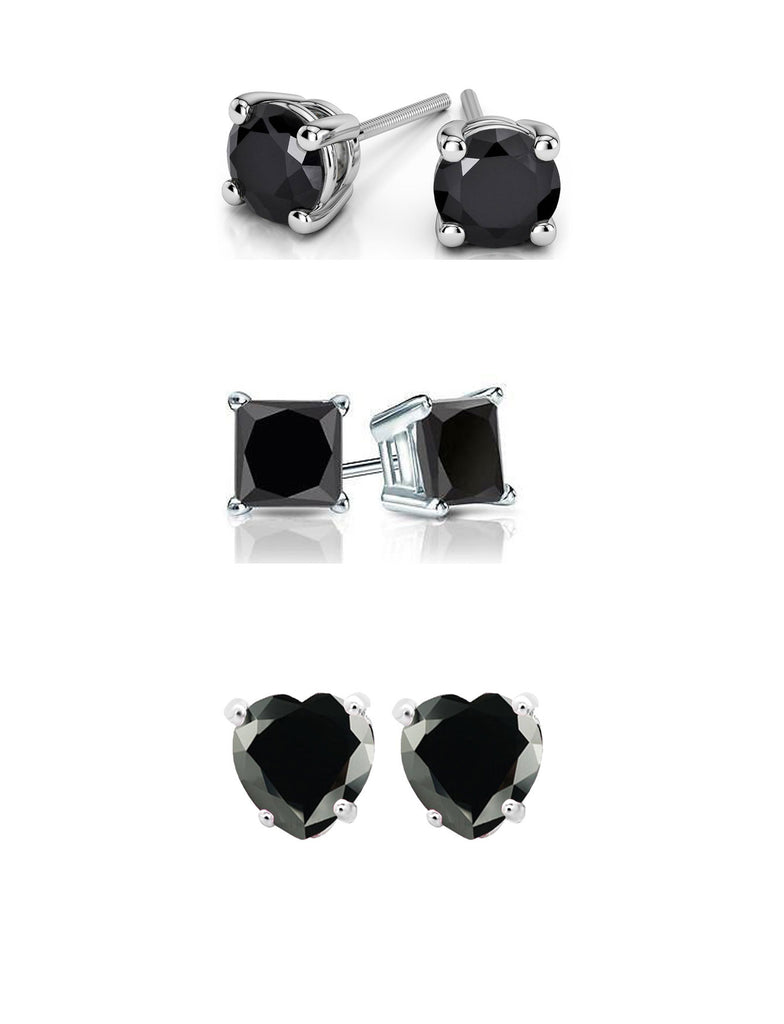 18k White Gold Plated 3Cttw 8mm Created Black Sapphire 3 Pair Round, Square and Heart Stud Earrings