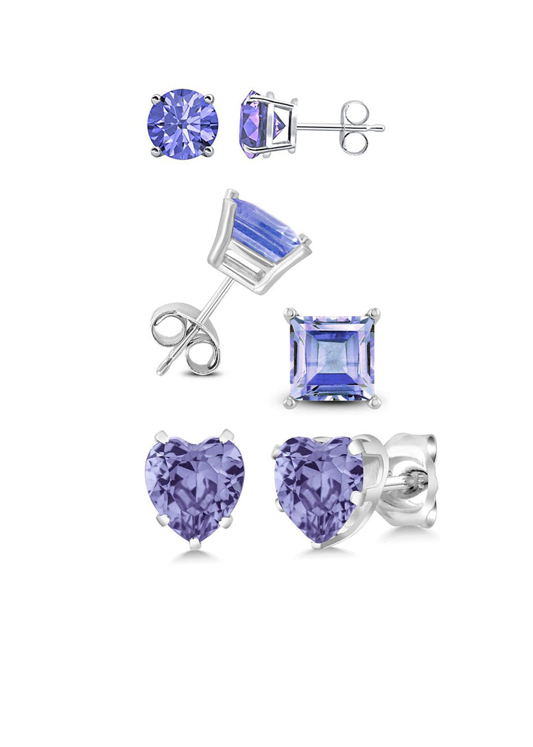Paris Jewelry 18k White Gold 4Cttw Created Tanzanite 3 Pair Round, Square And Heart Stud Earrings Plated