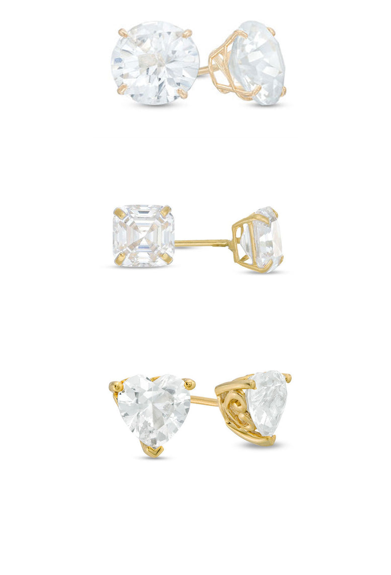 18k Yellow Gold Plated 1Cttw 7mm Created White Sapphire 3 Pair Round, Square and Heart Stud Earrings