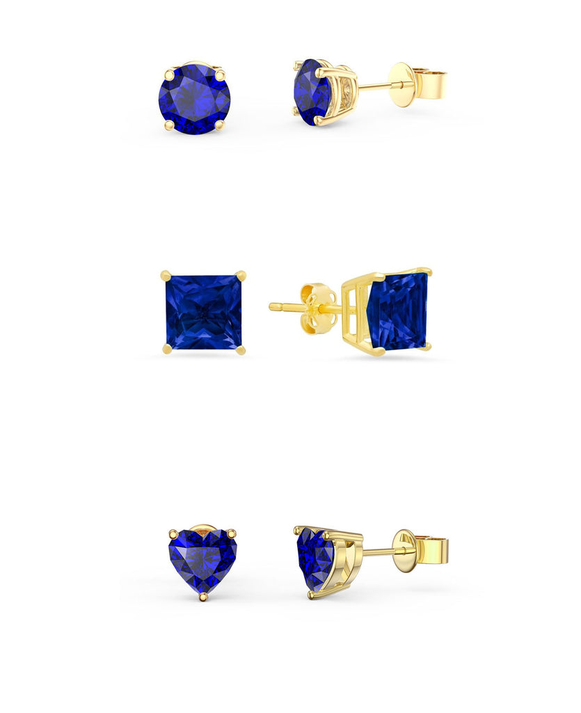 18k Yellow Gold Plated 3Cttw 8mm Created Blue Sapphire 3 Pair Round, Square and Heart Stud Earrings