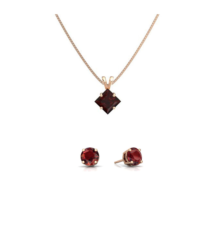 18K Rose Gold 1/2ct Garnet Princess Cut 18 Inch Necklace and Round Earrings Set Plated