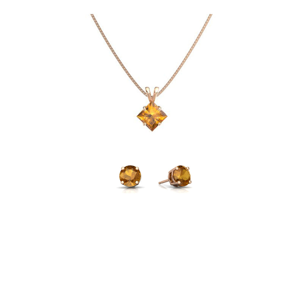 18K Rose Gold 1ct Citrine Princess Cut 18 Inch Necklace and Round Earrings Set Plated