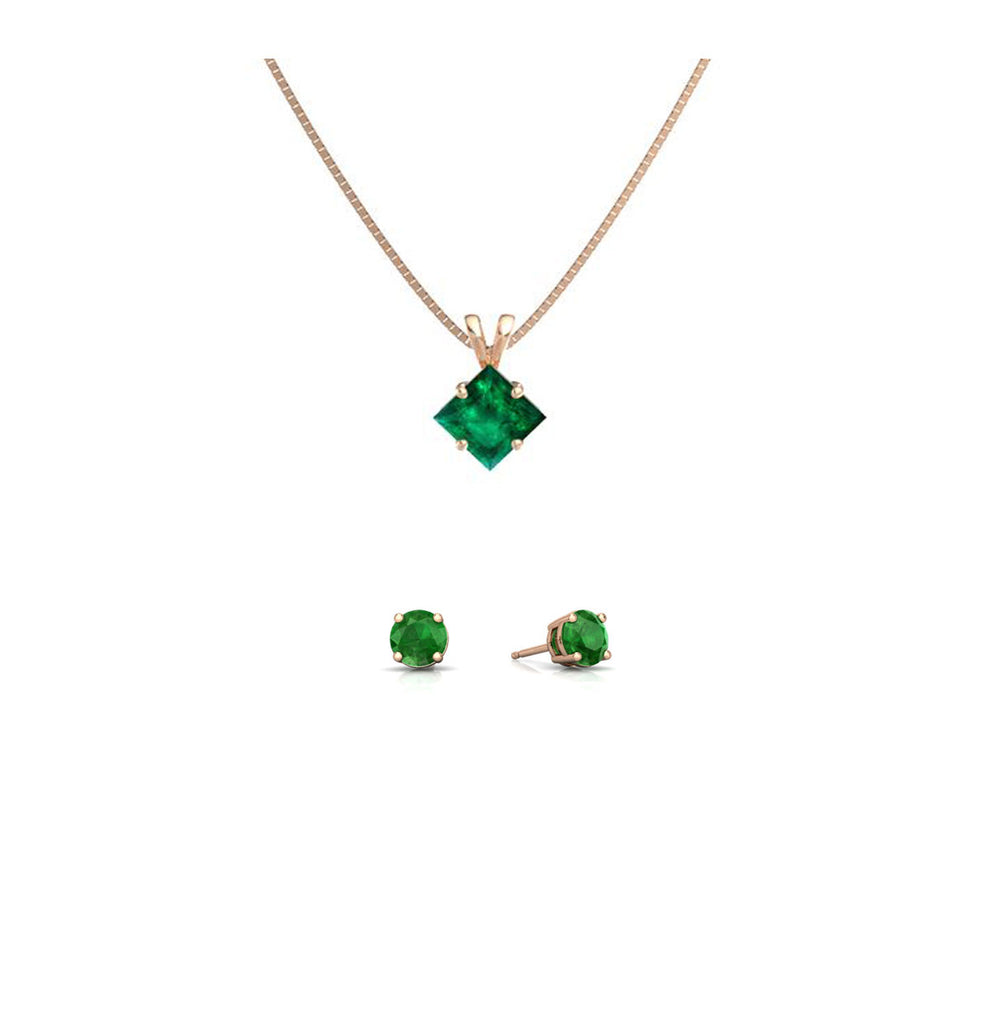 18K Rose Gold 1/2ct Emerald Princess Cut 18 Inch Necklace and Round Earrings Set Plated