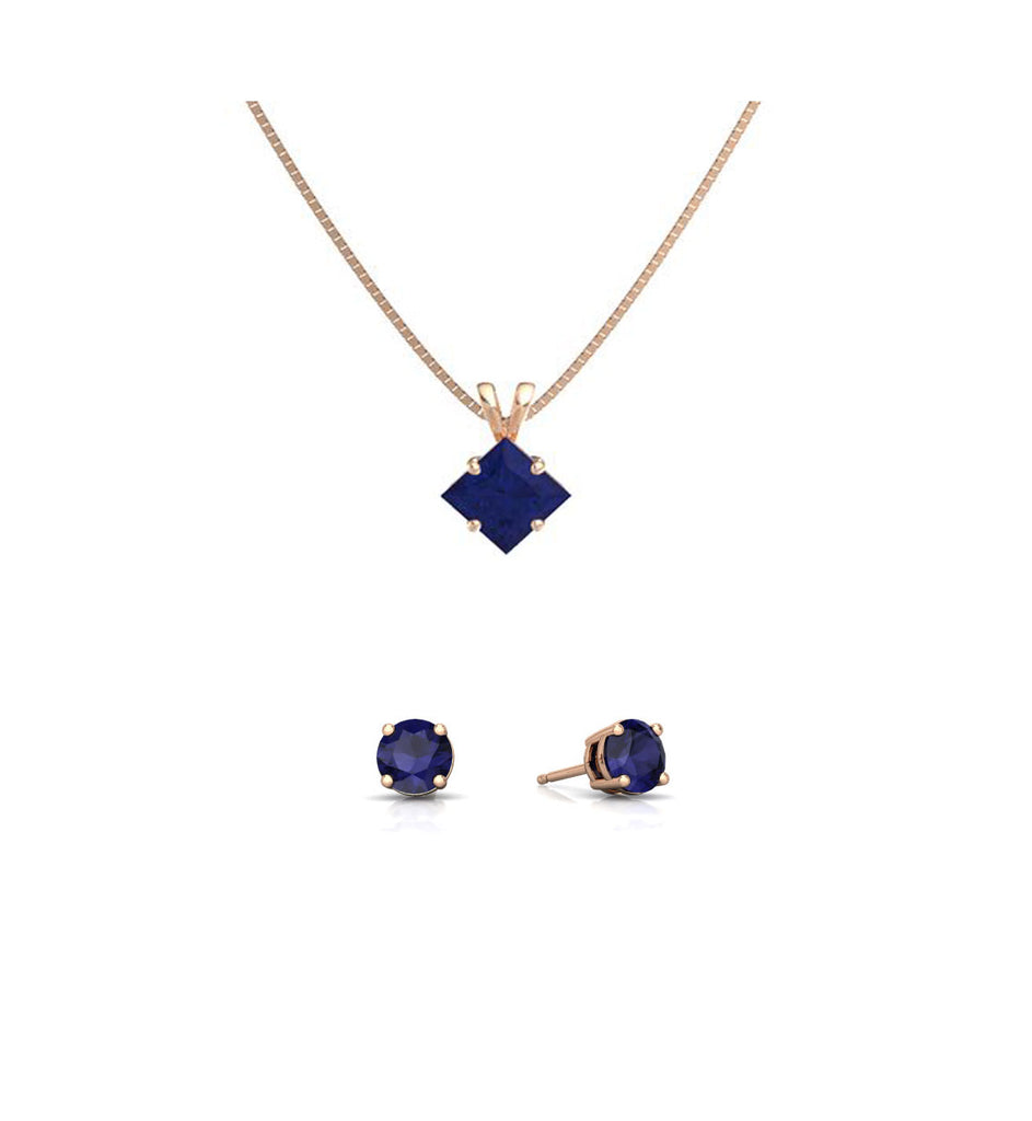 18K Rose Gold 2ct Blue Sapphire Princess Cut 18 Inch Necklace and Round Earrings Set Plated