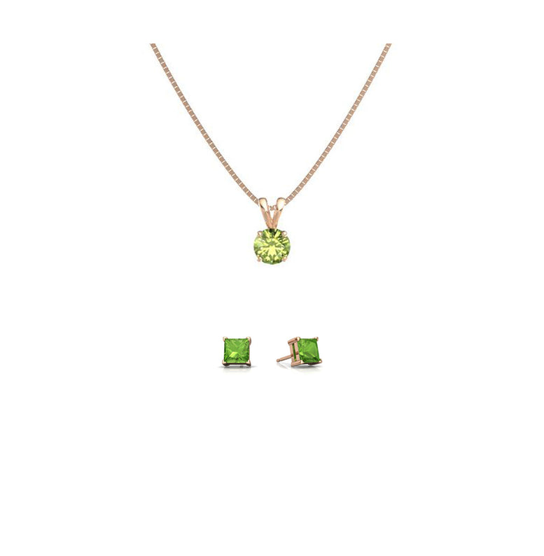 18K Rose Gold 4ct Peridot Round 18 Inch Necklace and Square Earrings Set Plated