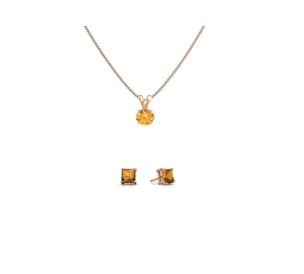 18K Rose Gold 1/2ct Citrine Round 18 Inch Necklace and Square Earrings Set Plated