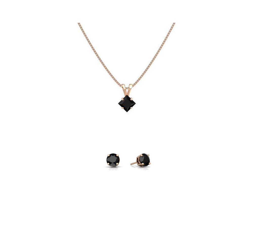 18K Rose Gold 1ct Black Sapphire Square 18 Inch Necklace and Round Earrings Set Plated