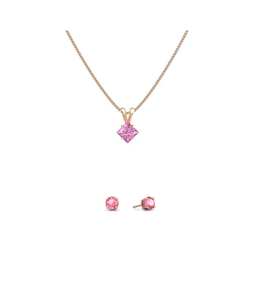 18K Rose Gold 2ct Pink Sapphire Square 18 Inch Necklace and Round Earrings Set Plated