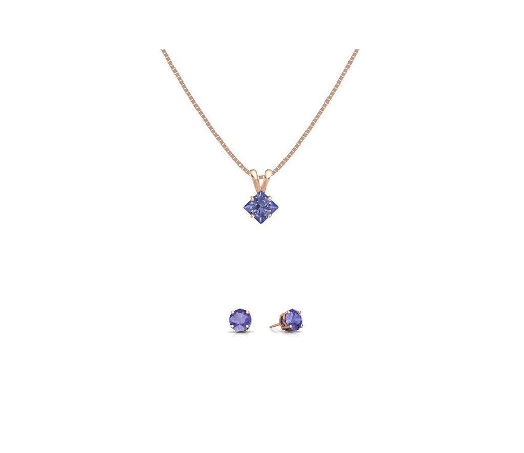 18K Rose Gold 4ct Tanzanite Square 18 Inch Necklace and Round Earrings Set Plated