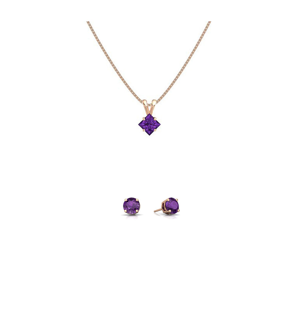 18K Rose Gold 1ct Amethyst Square 18 Inch Necklace and Round Earrings Set Plated