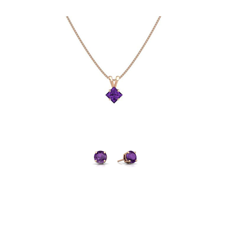 18K Rose Gold 4ct Amethyst Square 18 Inch Necklace and Round Earrings Set Plated