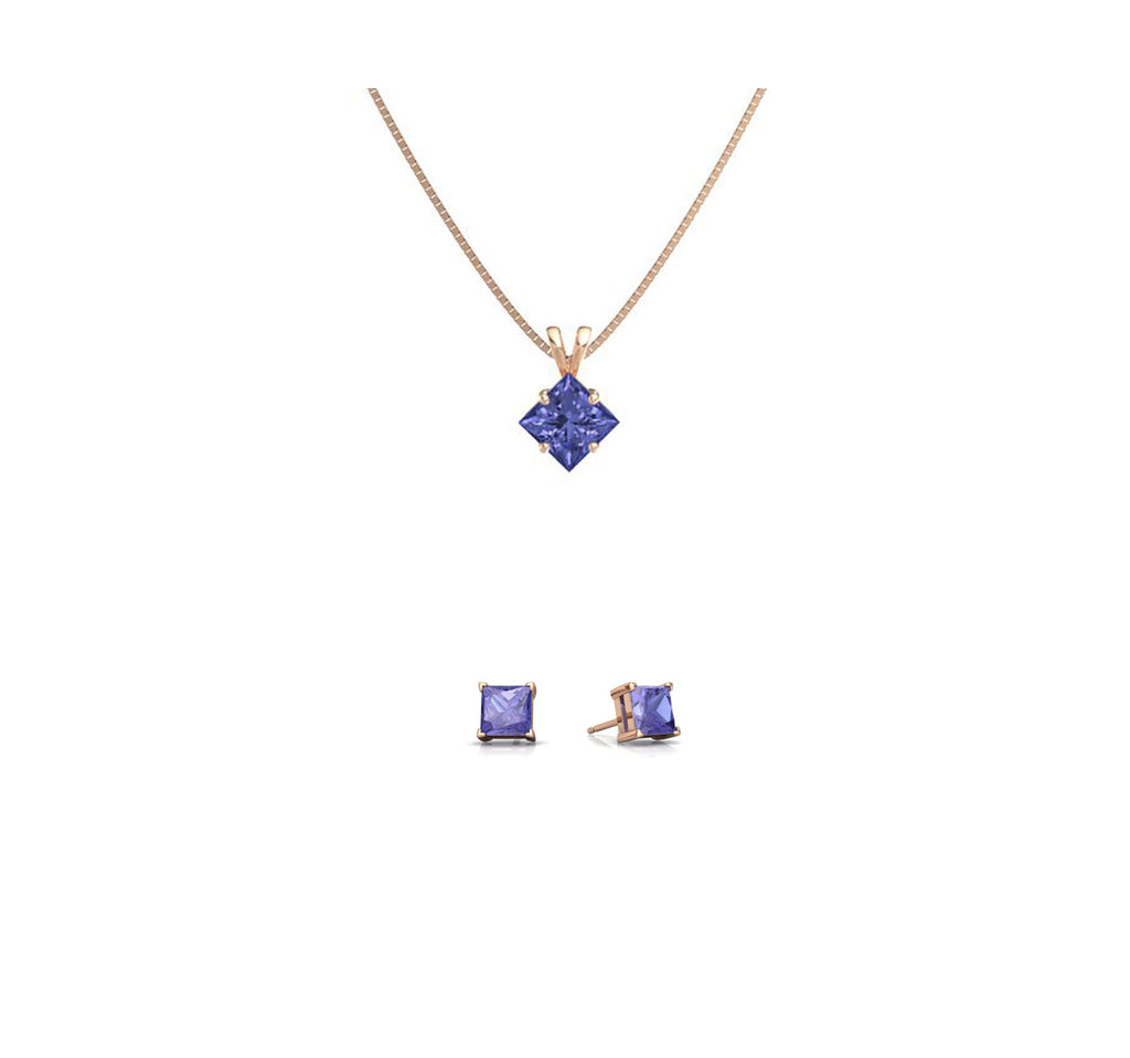 18K Rose Gold 1ct Tanzanite Square 18 Inch Necklace and Earrings Set Plated