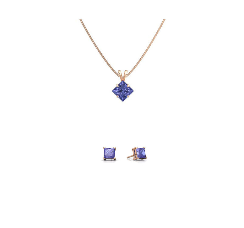 18K Rose Gold 3ct Tanzanite Square 18 Inch Necklace and Earrings Set Plated