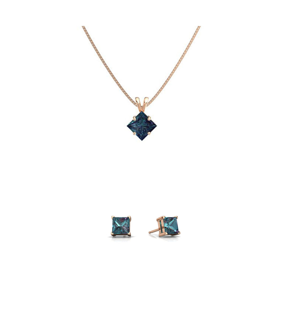 18K Rose Gold 2ct Alexandrite Square 18 Inch Necklace and Earrings Set Plated