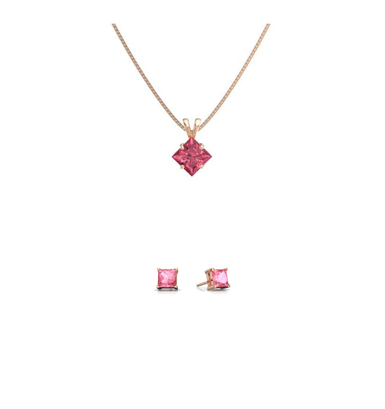 18K Rose Gold 1/2ct Pink sapphire Square 18 Inch Necklace and Earrings Set Plated