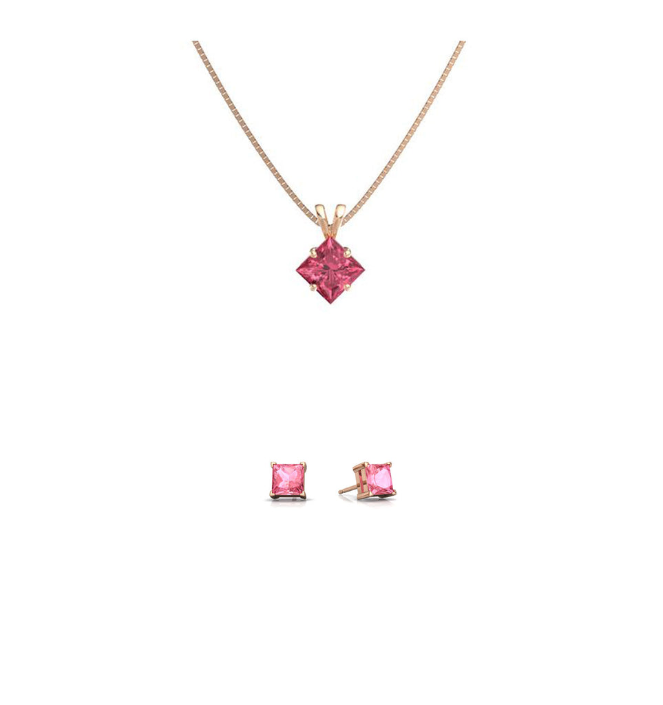 18K Rose Gold 3ct Pink sapphire Square 18 Inch Necklace and Earrings Set Plated