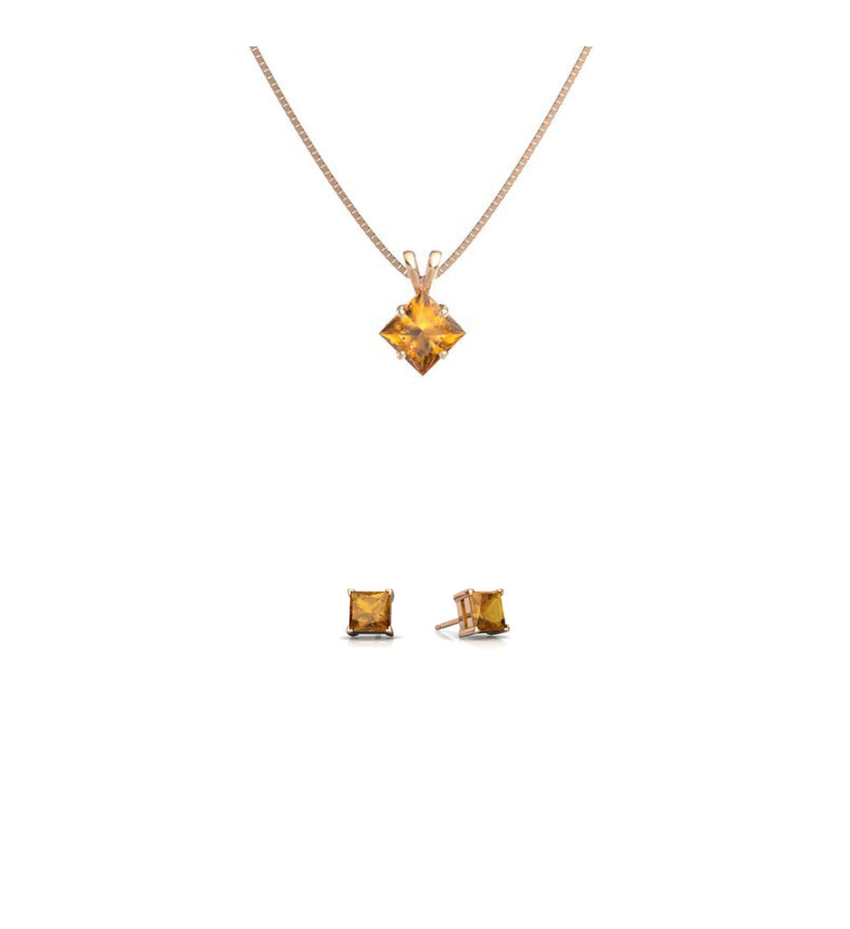 18K Rose Gold 4ct Citrine Square 18 Inch Necklace and Earrings Set Plated