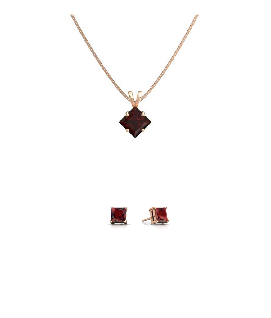 18K Rose Gold 3ct Garnet Square 18 Inch Necklace and Earrings Set Plated