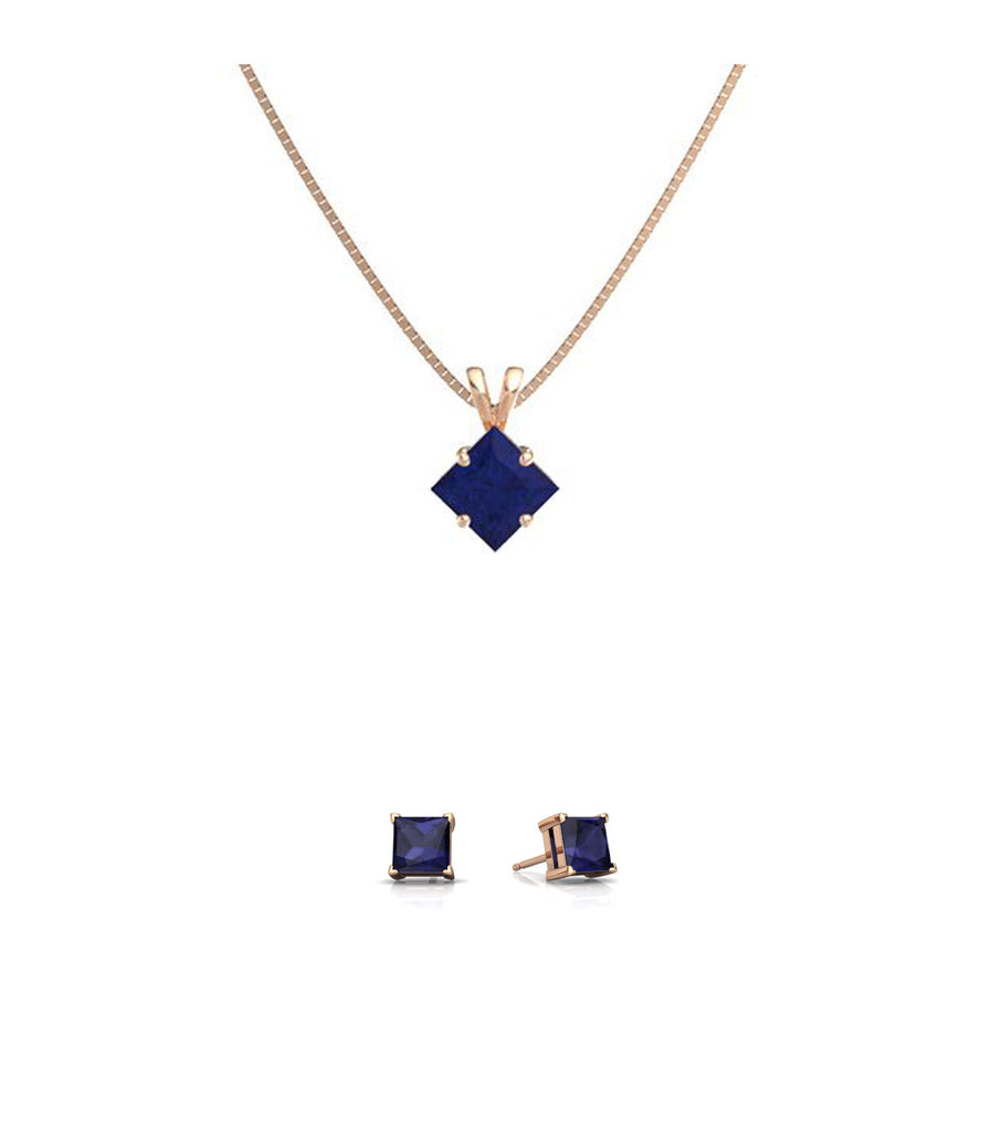 18K Rose Gold 3ct Blue Sapphire Square 18 Inch Necklace and Earrings Set Plated