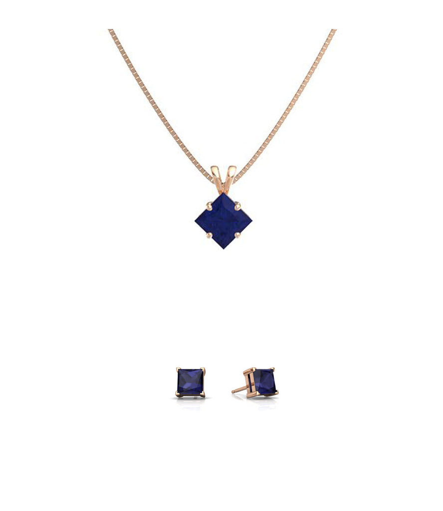 18K Rose Gold 1ct Blue Sapphire Square 18 Inch Necklace and Earrings Set Plated