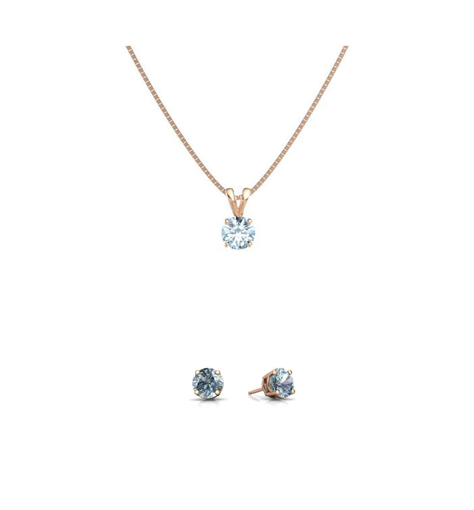 18K Rose Gold 3ct Aquamarine Round 18 Inch Necklace and Earrings Set Plated