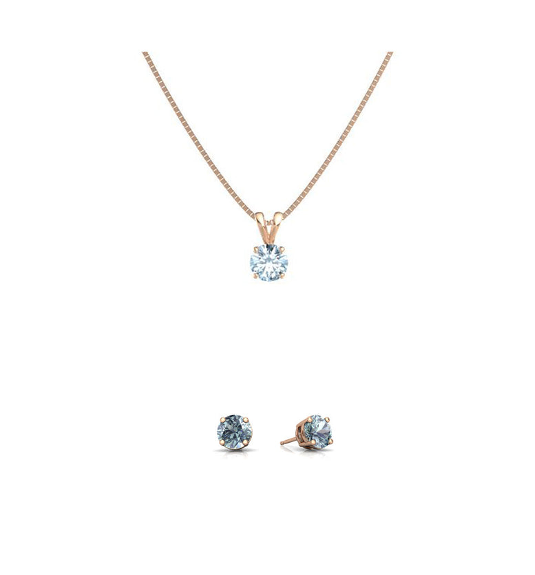 18K Rose Gold 2ct Aquamarine Round 18 Inch Necklace and Earrings Set Plated