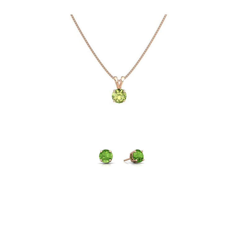 18K Rose Gold 1ct Peridot Round 18 Inch Necklace and Earrings Set Plated