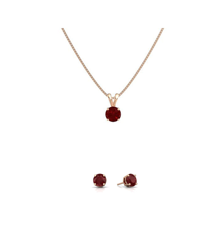 18K Rose Gold 1ct Ruby Round 18 Inch Necklace and Earrings Set Plated