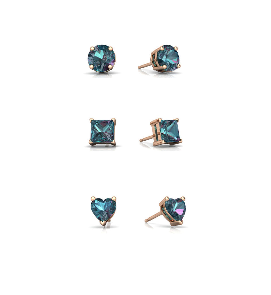18k Rose Gold Plated 4mm Created Alexandrite 3 Pair Round, Square and Heart Stud Earrings