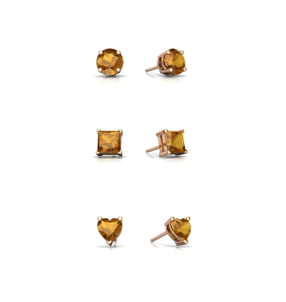 18k Rose Gold Plated 6mm Created Citrine 3 Pair Round, Square and Heart Stud Earrings