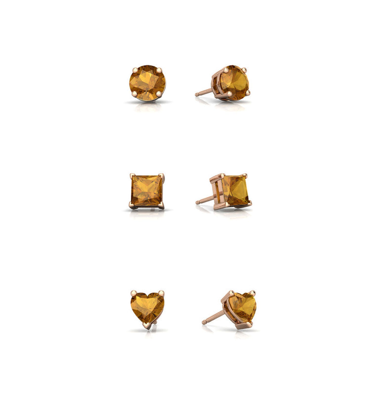 18k Rose Gold Plated 1Cttw 7mm Created Citrine 3 Pair Round, Square and Heart Stud Earrings