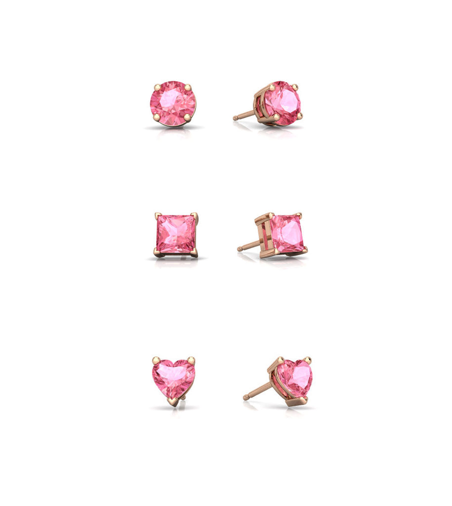 18k Rose Gold Plated 3Cttw 8mm Created Pink Sapphire 3 Pair Round, Square and Heart Stud Earrings