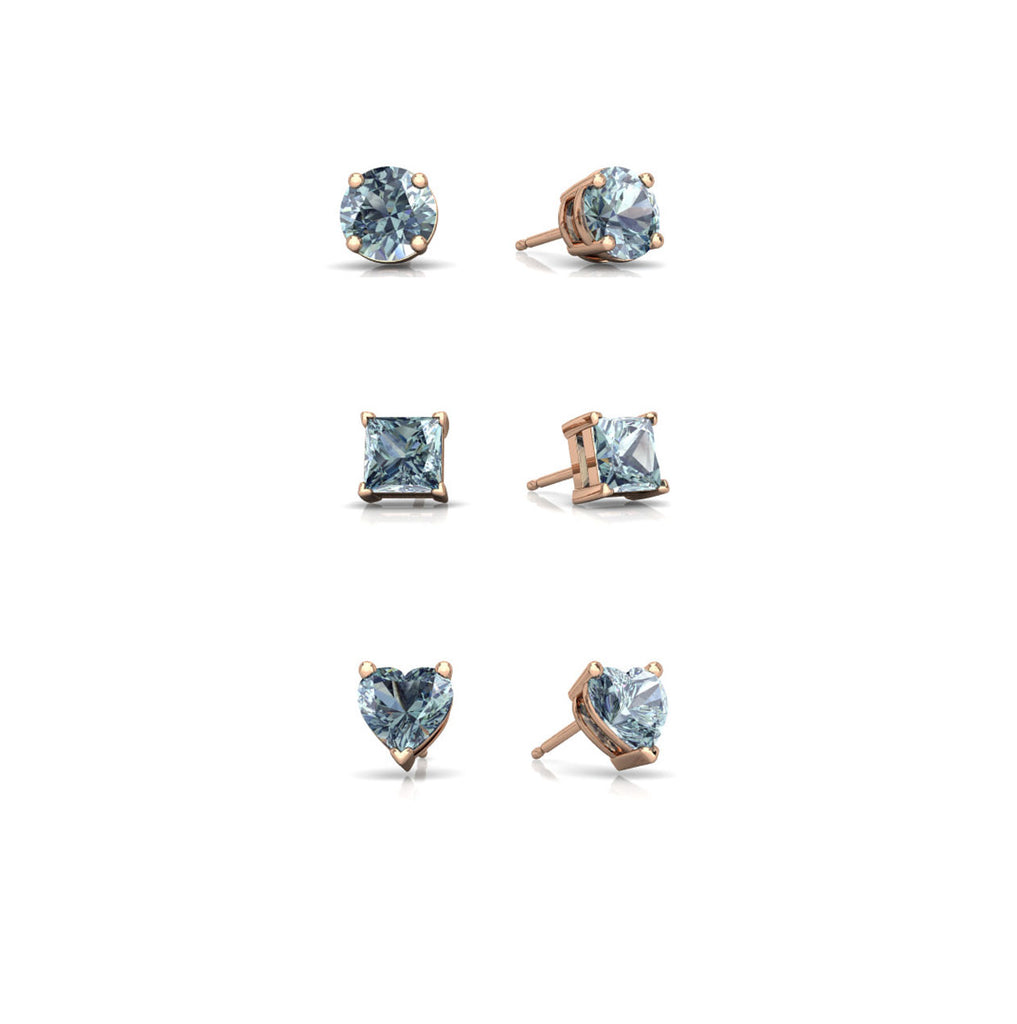 18k Rose Gold Plated 4Cttw Created Aquamarine 3 Pair Round, Square and Heart Stud Earrings