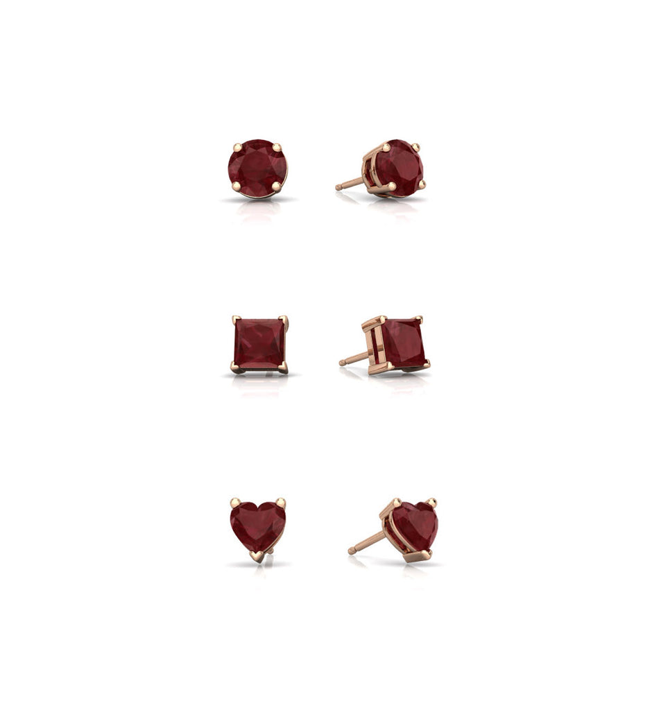 18k Rose Gold Plated 4Cttw Created Ruby 3 Pair Round, Square and Heart Stud Earrings