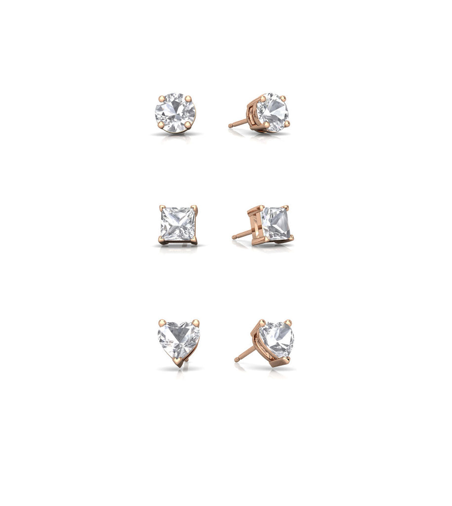 18k Rose Gold Plated 4Cttw Created White Sapphire 3 Pair Round, Square and Heart Stud Earrings