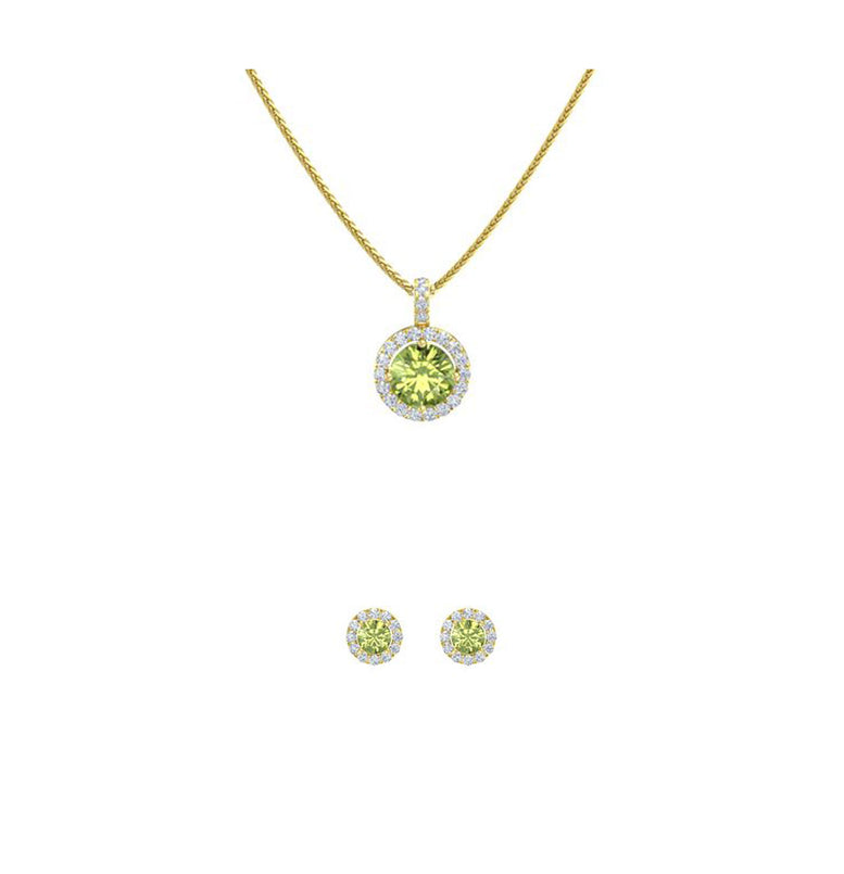 18K Yellow Gold 1ct Halo Peridot Round 18 Inch Necklace and Halo Earrings Set Plated